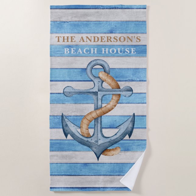 Rustic Wood Family Beach House Nautical Stripes Towel (Front)