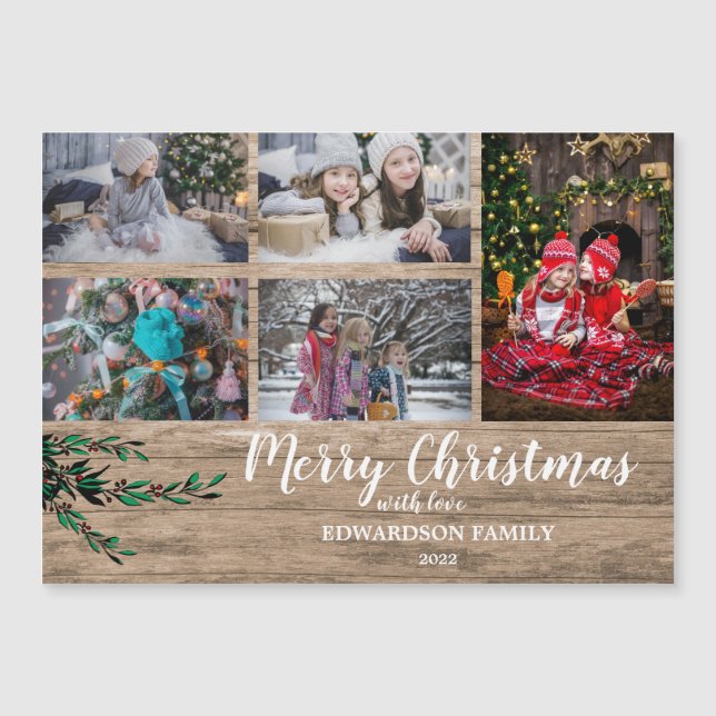 Rustic wood family collage Christmas magnetic card (Front)