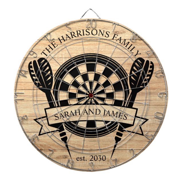 Rustic Wood Family Custom Name Wedding Dartboard (Front)