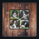 Rustic wood Family custom photo collage Square Wall Clock<br><div class="desc">Custom Family photo collage on rustic wood background clock.
Add your own personal photos to personalise the clock. Do don't have to add only square photos other sizes will also fit.
If you need help please contact me.</div>