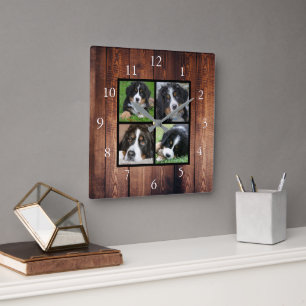 Rustic wood Family custom photo collage Square Wall Clock