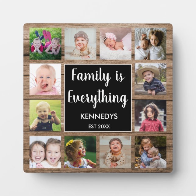 Rustic Wood Family Is Everything 12 Photo Collage Plaque (Front)
