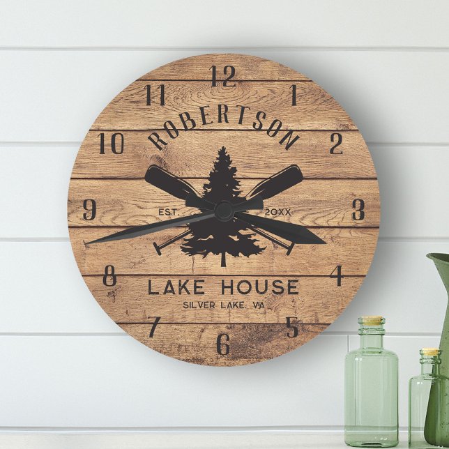 Rustic Wood Family Lake House Pine Tree Round Clock (Creator Uploaded)