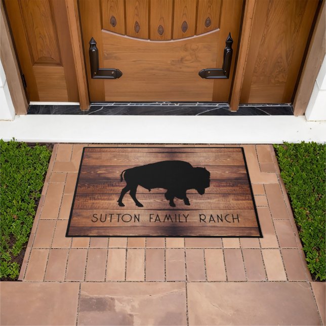 Rustic Wood Family Name Bison Silhouette Doormat (Outdoor)