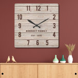 Rustic Wood Family Name Farmhouse Kitchen Square Wall Clock<br><div class="desc">Simple rustic wood farmhouse wall clock personalised with family name and established year. Makes a thoughtful gift for housewarming, holidays and weddings.</div>