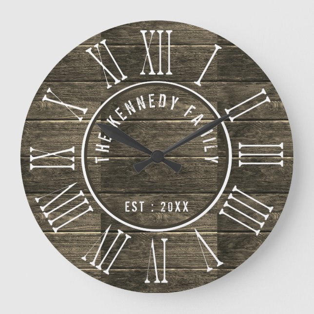 Rustic wood Family Name Farmhouse Roman Numeral Large Clock (Front)