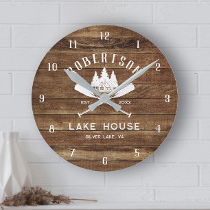 Rustic Wood Family Name Lake House Trees Round Clock