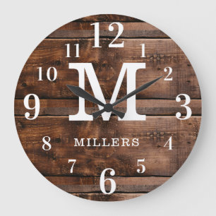 Rustic Wood Family Name Large Numbers Monogram Clock