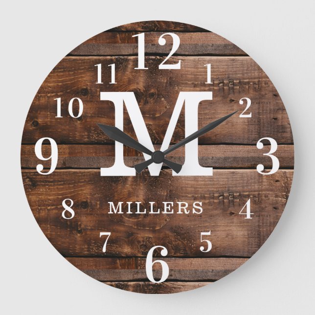 Rustic Wood Family Name Large Numbers Monogram Clock (Front)