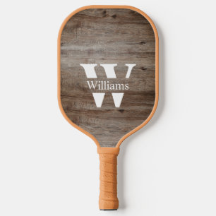 Rustic Wood Family Name Monogram Pickleball Paddle