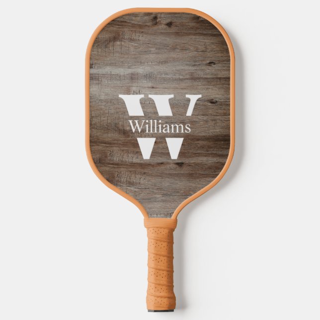 Rustic Wood Family Name Monogram Pickleball Paddle (Front)