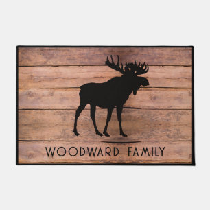 Rustic Wood Family Name Moose Silhouette Doormat