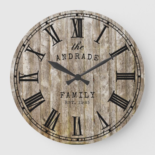 Rustic Wood Family Name Roman Numeral Farmhouse Large Clock (Front)