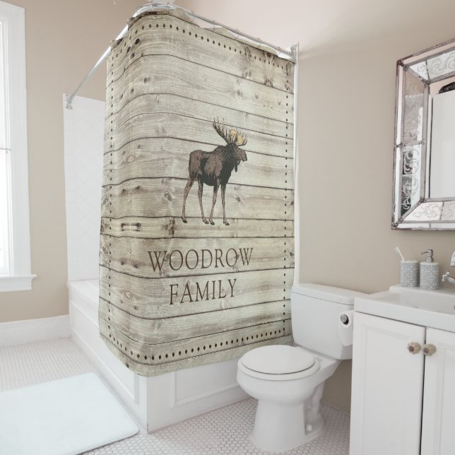 Rustic Wood Family Name Shower Curtain (In Situ)
