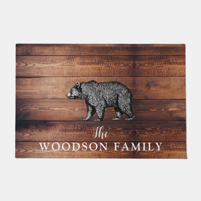 Rustic Wood Family Name Walking Bear Doormat (Front)