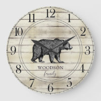 Rustic Wood Family Name Walking Bear Large Clock