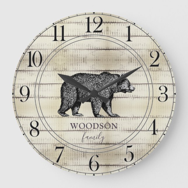 Rustic Wood Family Name Walking Bear Large Clock (Front)