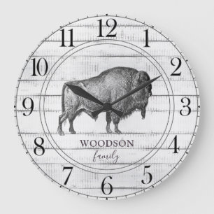 Rustic Wood Family Name Walking Bison Buffalo Large Clock
