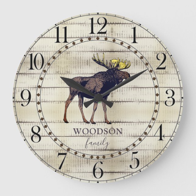 Rustic Wood Family Name Walking Moose Large Clock (Front)