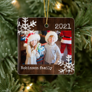 Rustic Wood Family Photo Christmas Ceramic Ornament