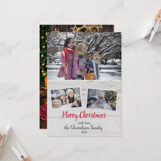 Rustic wood family photo collage Christmas card (Front/Back In Situ)