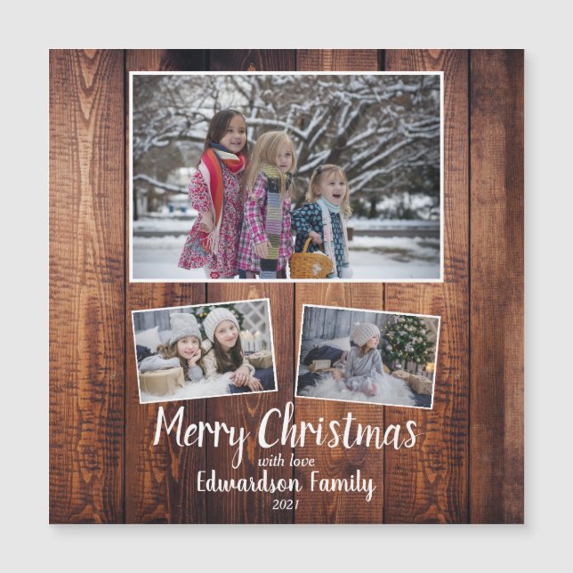 Rustic wood family photo collage Merry Christmas (Front)