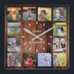 Rustic wood Family photo collage monogram name Square Wall Clock<br><div class="desc">Custom Family photo collage on rustic wood background clock.
Add your own personal photos and name to personalise the clock and you will create a very personal and unique clock.</div>