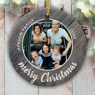 Rustic Wood Family Photo Merry Christmas Ceramic Ornament