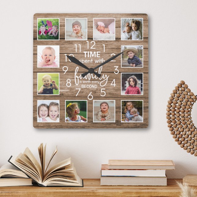 Rustic Wood  Family Time Quote 12 Photo Collage Square Wall Clock (Creator Uploaded)