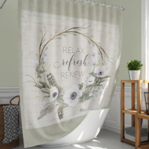 Rustic Wood Farm House Floral Wreath Sage Script Shower Curtain