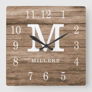 Rustic Wood Farmhouse Family Name Custom Monogram Square Wall Clock