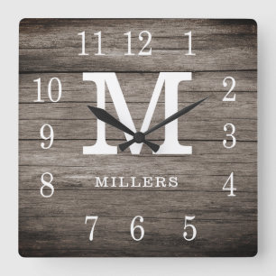 Rustic Wood Farmhouse Family Name Custom Monogram Square Wall Clock