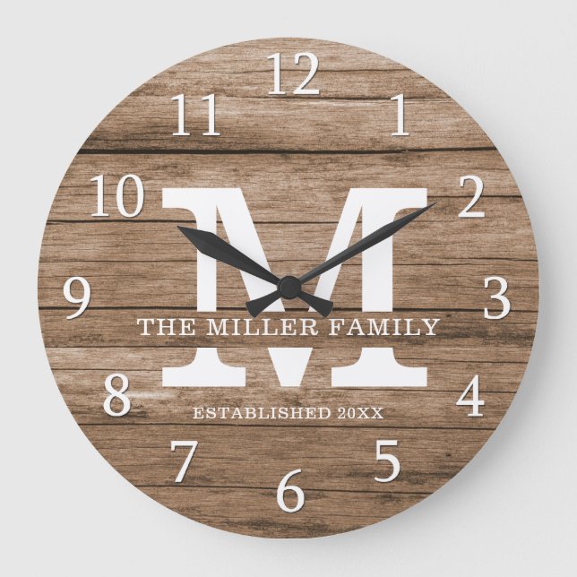 Rustic Wood Farmhouse Family Name Monogram Large Clock (Front)