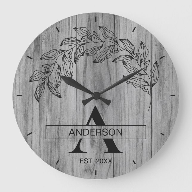 Rustic Wood Farmhouse Family Name Monogrammed Large Clock (Front)
