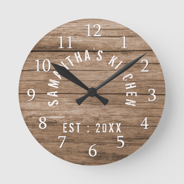 Rustic Wood Farmhouse Kitchen Personalised Round Clock (Front)
