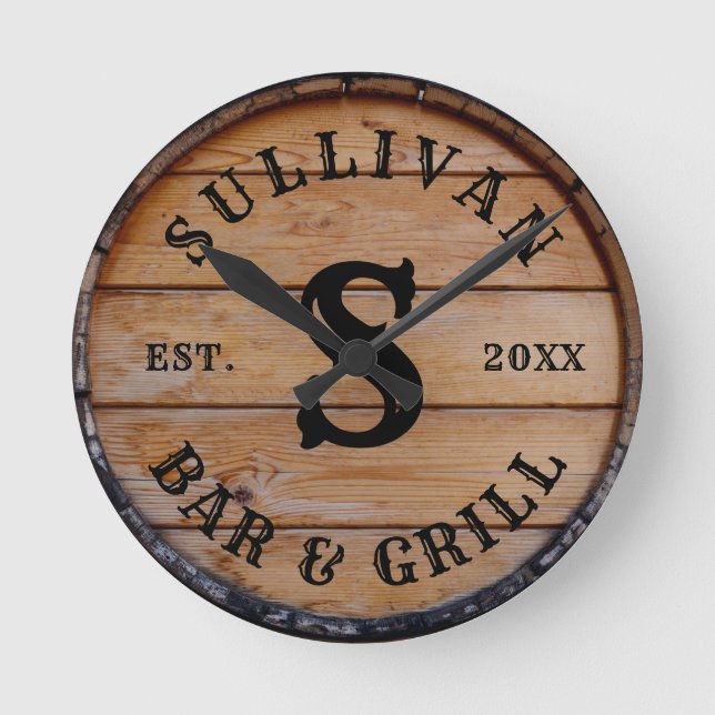 Rustic Wood Farmhouse Personalised Monogram Name Round Clock (Front)