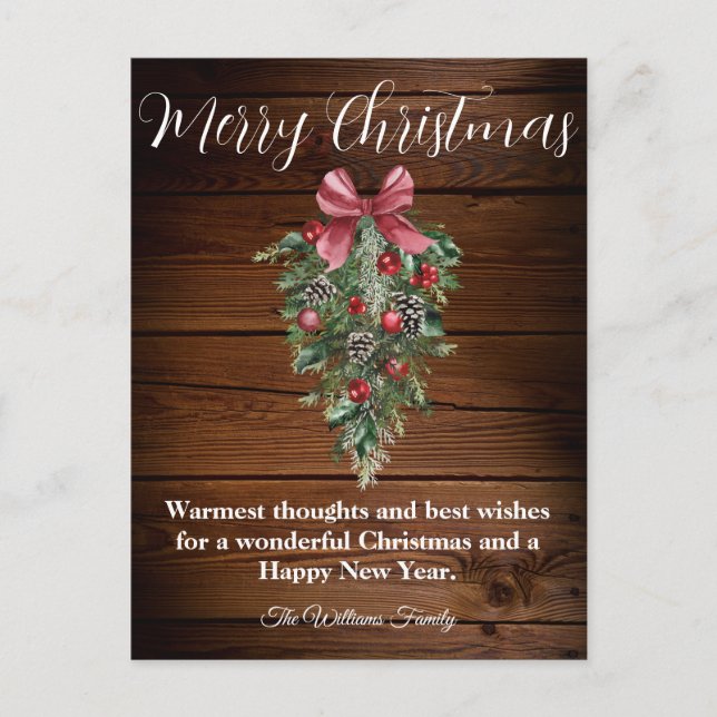 rustic wood farmhouse watercolor christmas tree postcard (Front)