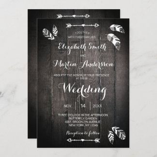 Rustic wood feather simple wedding invitation