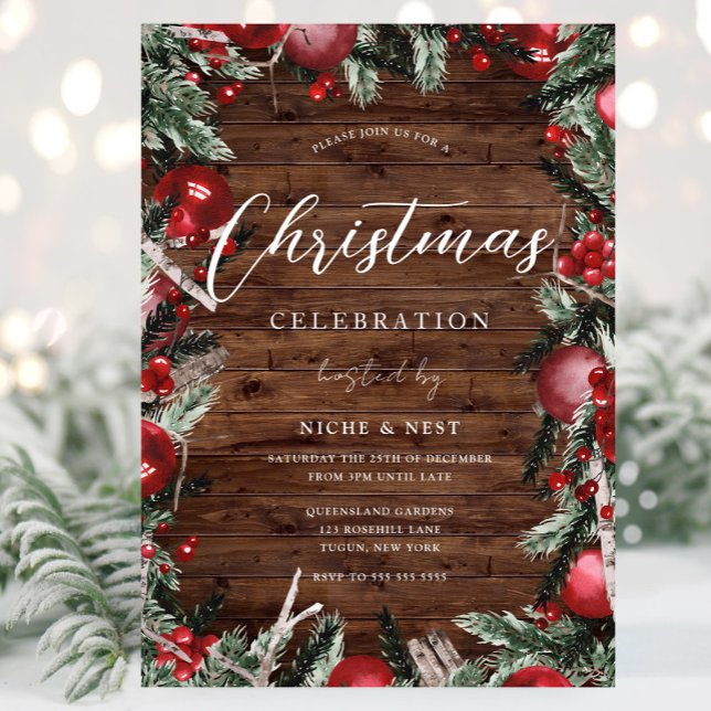 Rustic Wood Festive Wreath Holiday Christmas Party Invitation (Creator Uploaded)