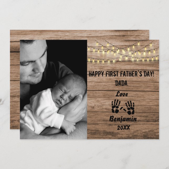 Rustic Wood First Father's Day Custom Photo Holida Holiday Card (Front/Back)