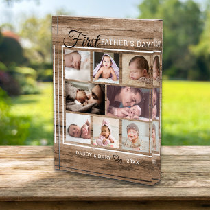 Rustic Wood First Fathers Day Daddy 8 Collage Photo Block