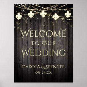 Rustic Wood Fleur de Lis Lights Wedding Welcome Poster