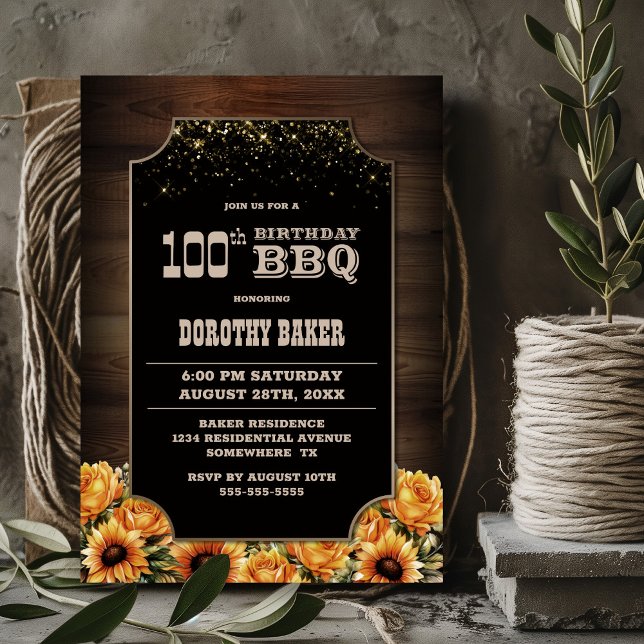 Rustic Wood Floral 100th Birthday BBQ Invitation (Creator Uploaded)