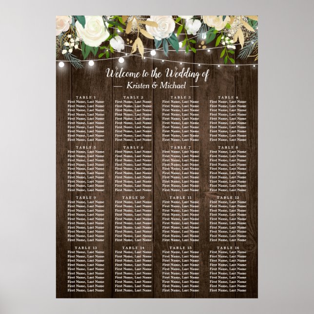Rustic Wood Floral 16 Tables Wedding Seating Chart (Front)