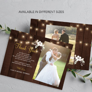 Rustic wood floral 2 photos wedding thank you card