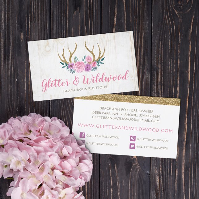 Rustic Wood & Floral Antlers Boutique Social Media Business Card (Creator Uploaded)