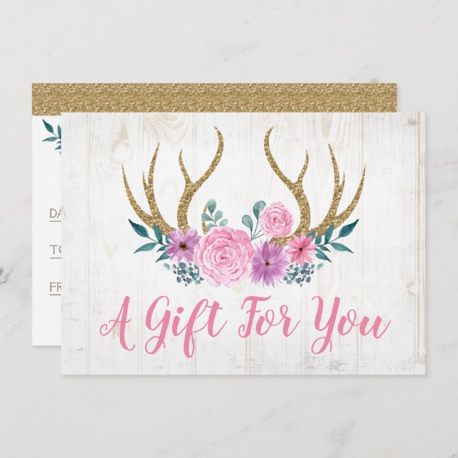 Rustic Wood & Floral Antlers Gift Certificate Card (Front/Back)