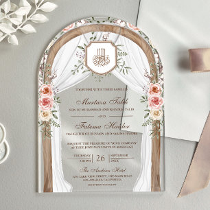 Rustic Wood Floral Arch Islamic Muslim Wedding Acrylic Invitations