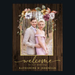 Rustic Wood Floral Arch Photo Wedding Welcome Poster<br><div class="desc">Rustic Wood Floral Arch Photo Wedding Welcome Sign featuring an elegant arch framed with rustic flowers and greenery on a rustic farmhouse wood background. Our custom script typography paired with your photo and details makes this the perfect addition to your wedding, reception, or event. Please contact us at cedarandstring@gmail.com if...</div>