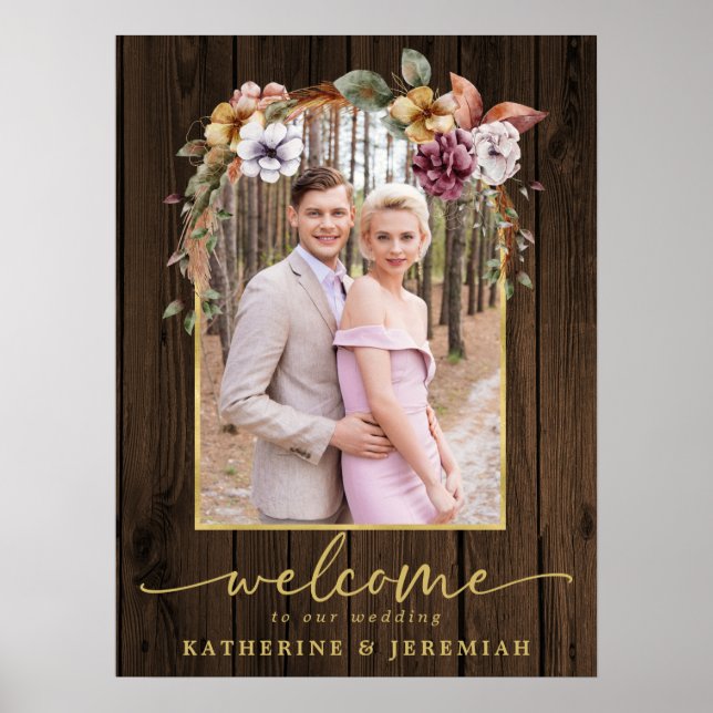 Rustic Wood Floral Arch Photo Wedding Welcome Poster (Front)
